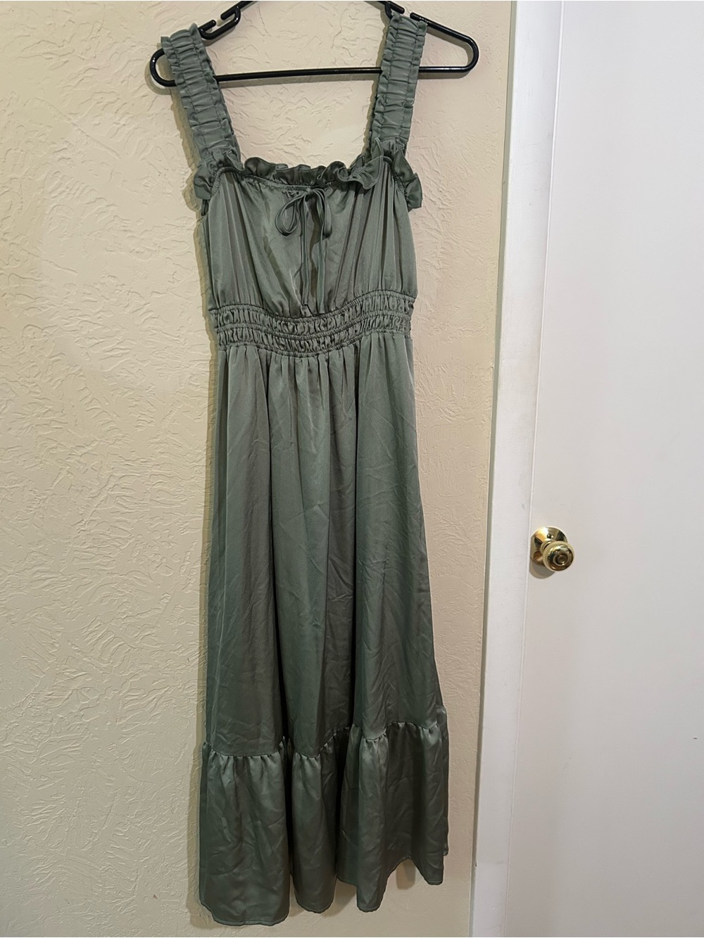 August Sky Smocked Strap Satin Maxi Dress in Sage Green